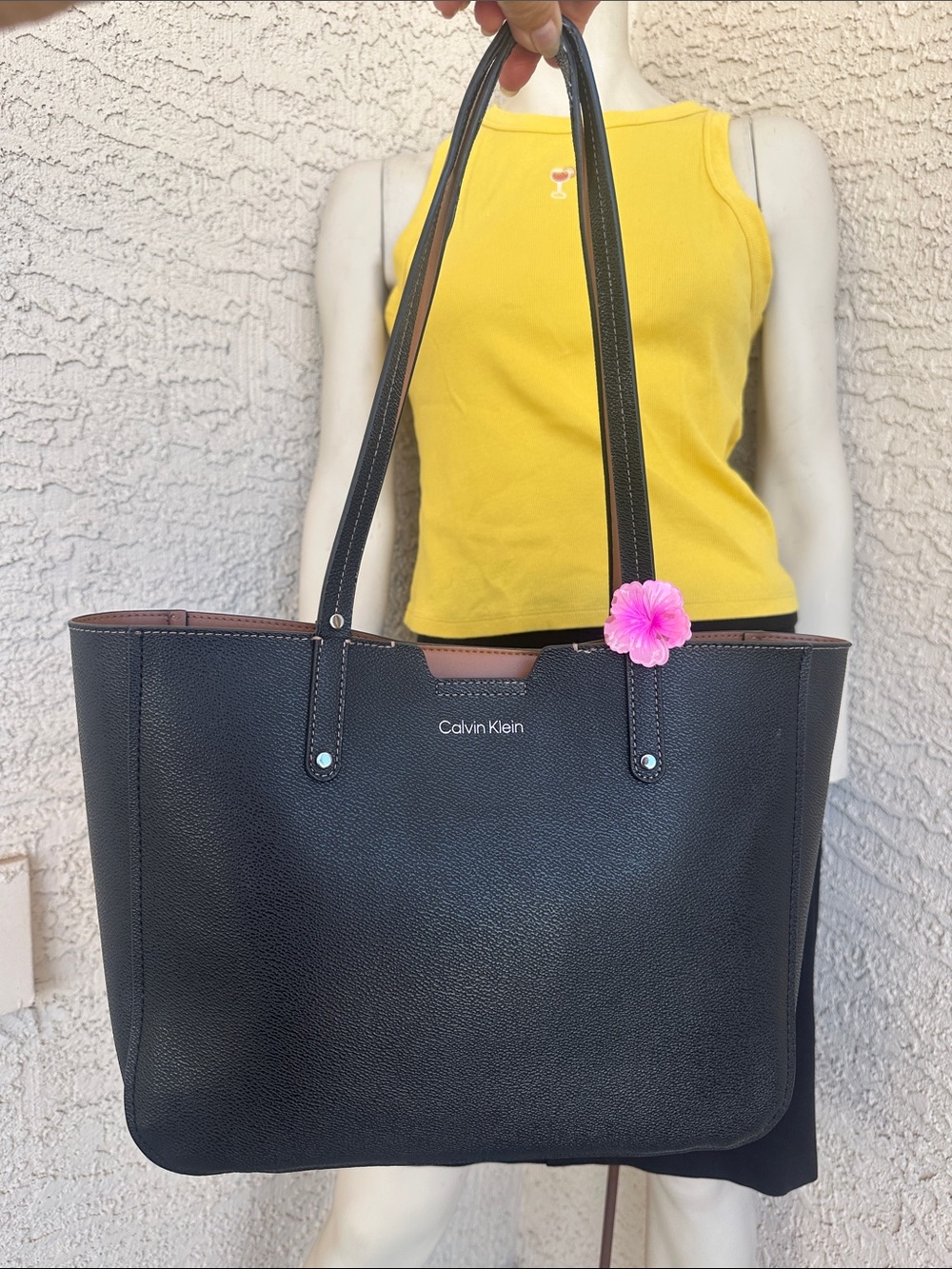 Calvin Klein Black Pebbled Leather Tote with Dual Shoulder Straps